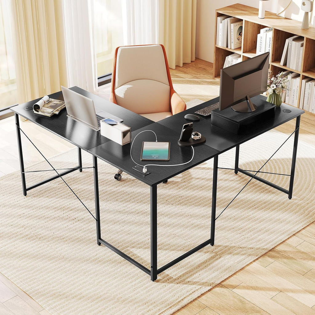 Tangkula L-Shaped Computer Desk with Power Outlets, 95' Long 2-Person Desk with Monitor Shelf, Modern Corner Desk Gaming Table with USB Ports for Home Office