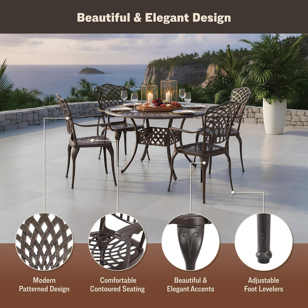Mazatzal 5 Pieces Outdoor Furniture Dining Set for 4 All-Weather Cast Aluminum Round Patio Table and Chairs Outdoor Furniture Set with Umbrella Hole Retro Bronze Pattern Design