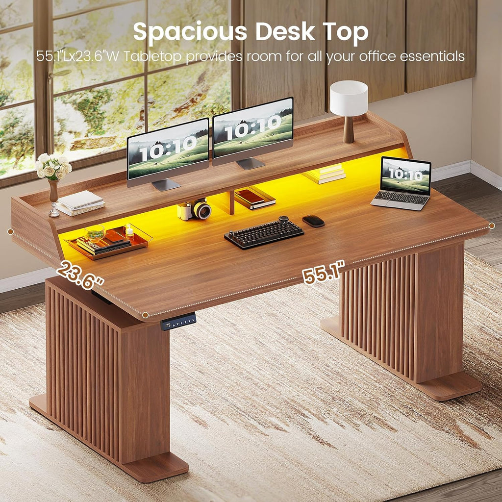 SEDETA Standing Desk with Storage, 55' Fluted Stand Up Desk with Power Outlets and LED Lights, Height-Adjustable Table with Monitor Shelf for Home Office & Gaming, Brown
