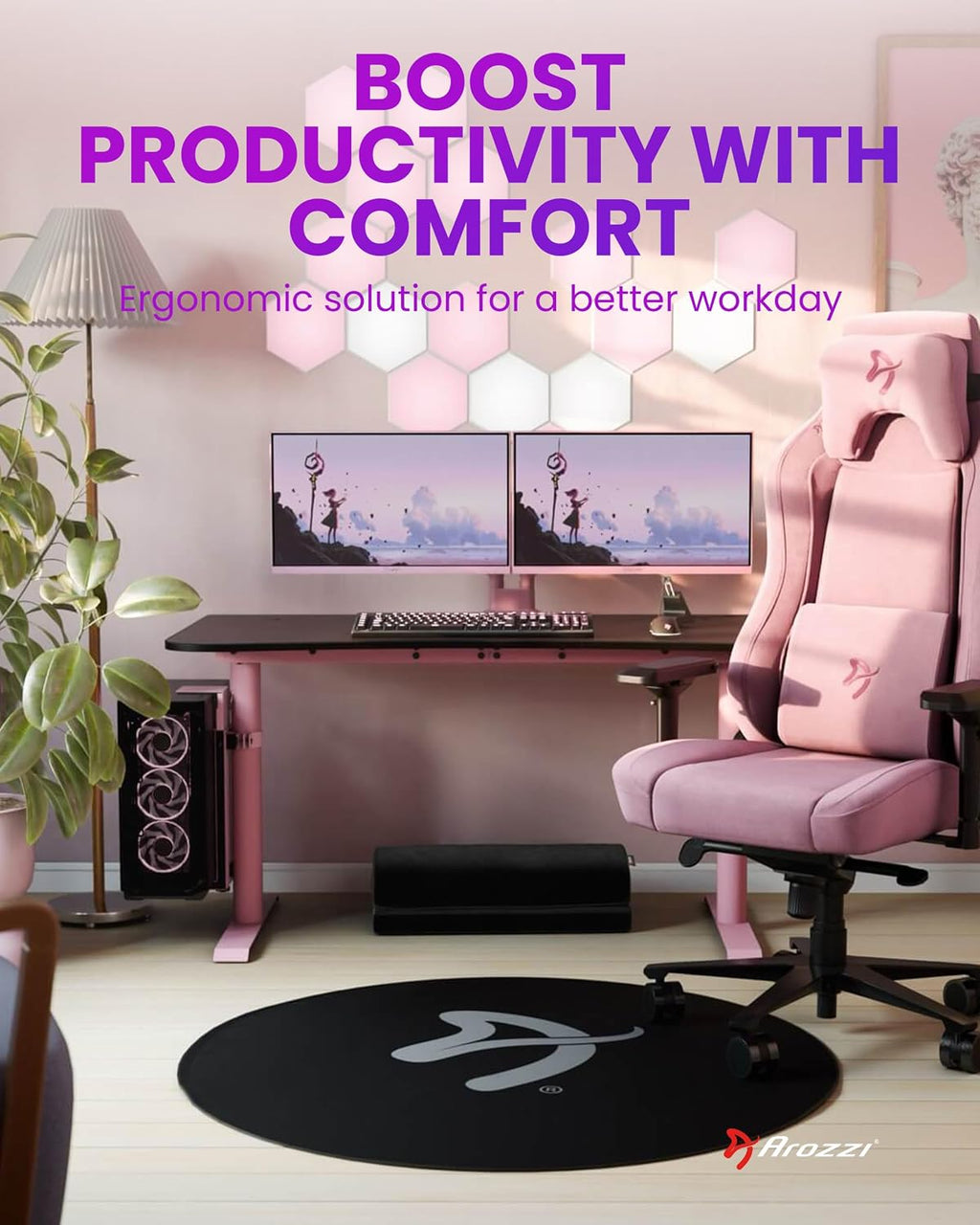 Arozzi Arena Medium Gamer Desk - 55x30' Steel Frame PC Gaming Desk with Storage for Cables & Dual-Monitor Support - Full-Surface Washable Mousepad - Pink