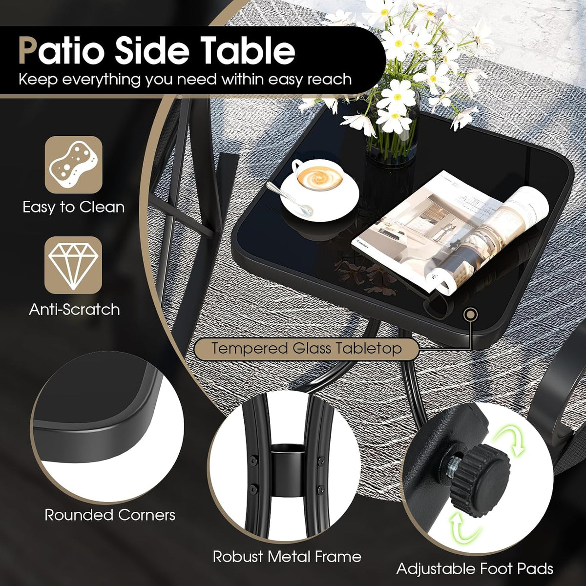 HAPPYGRILL 3-Piece Patio Rocking Bistro Set Rocker Chairs Set with Side Table, Outdoor Conversation Furniture Set with Metal Frame for Porch, Garden, Backyard, Balcony (Black)
