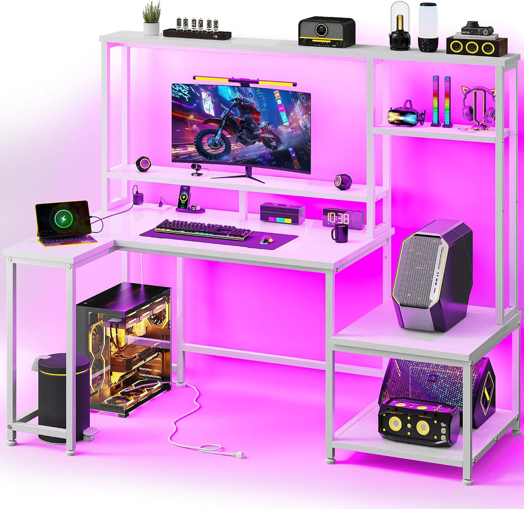 L Shaped Gaming Desk with LED Lights & Outlets,55' Computer Desk with Shelves & Storage Hutch,Reversible Corner Gaming Table with Printer Space & Monitor Stand for Game Room,Home Office,White