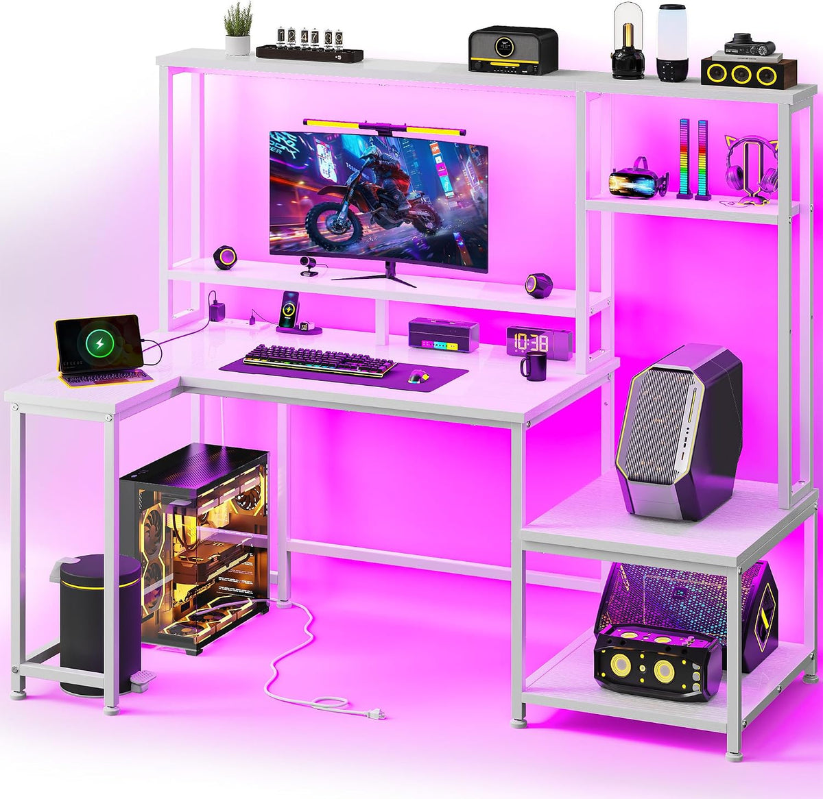 L Shaped Gaming Desk with LED Lights & Outlets,55' Computer Desk with Shelves & Storage Hutch,Reversible Corner Gaming Table with Printer Space & Monitor Stand for Game Room,Home Office,White