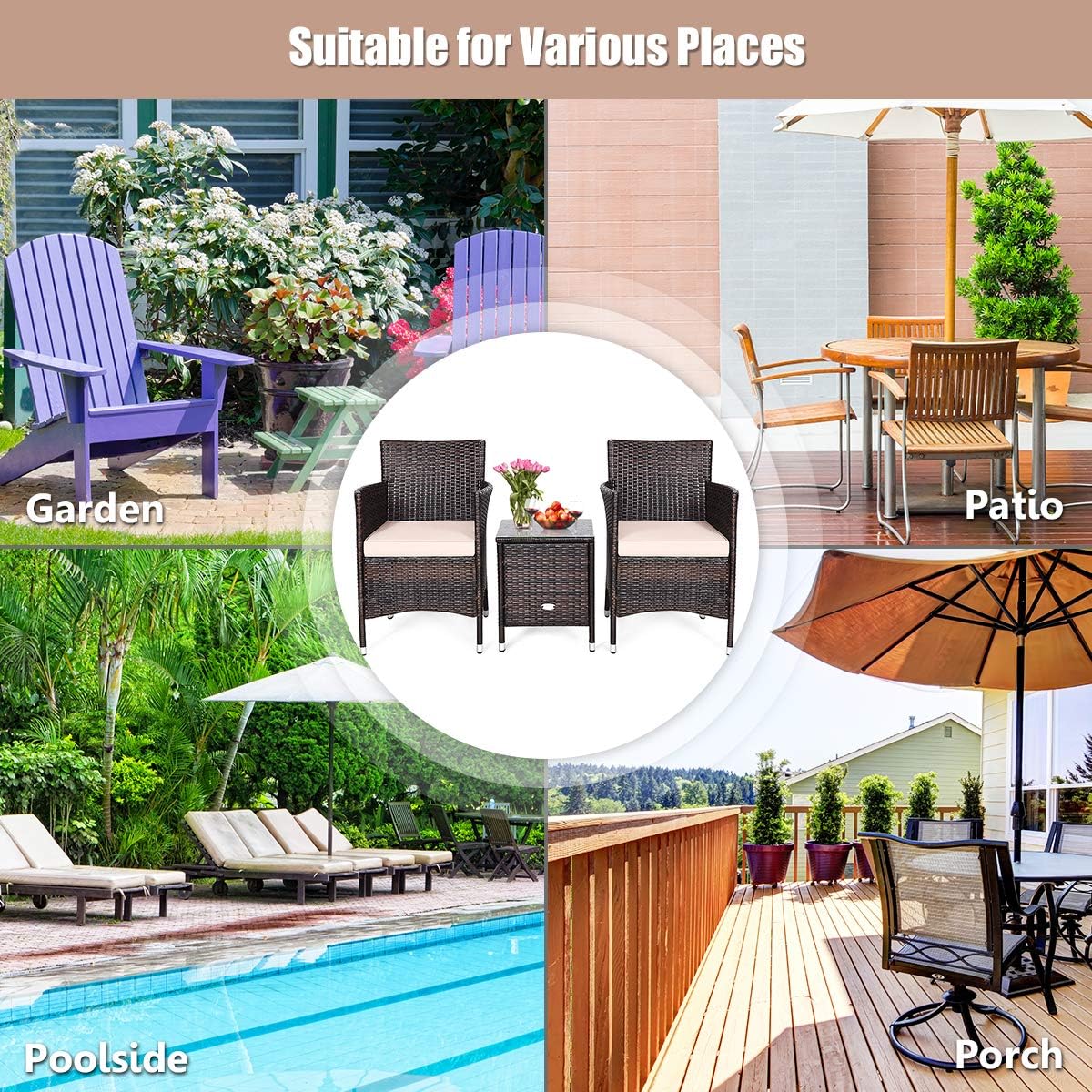 HAPPYGRILL 3 Piece Patio Set Wicker Rattan Furniture Set Outdoor Rattan Conversation Set with Coffee Table Chairs & Thick Cushions Bistro Sets for Patio Garden Lawn Backyard Pool