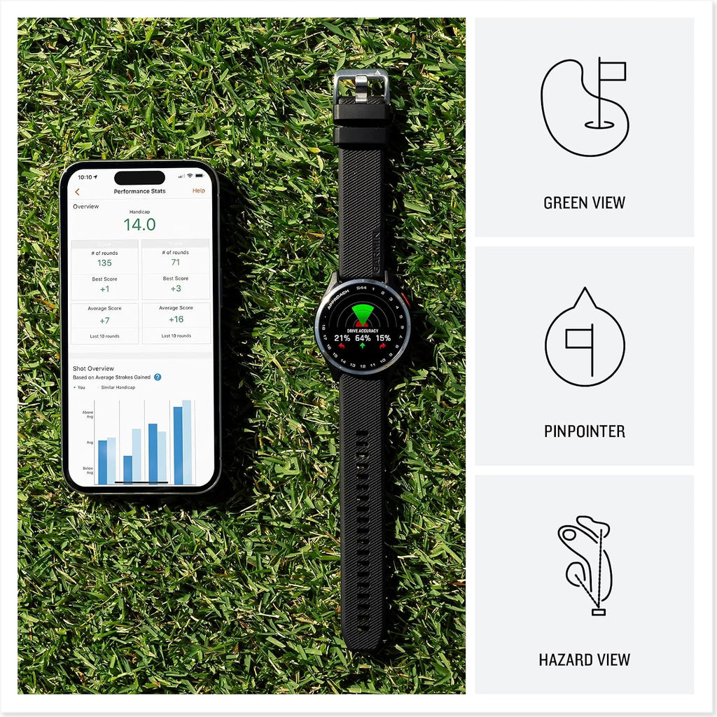 Garmin Approach S44 (Silver/Black) Golf GPS Smartwatch Bundle - 1.2' AMOLED Display, On-Course Features & 15H Battery Life with PlayBetter Screen Protectors & 5000mAh Portable Charger