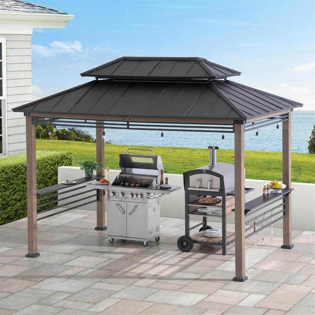 Sunjoy Wooden Grill Gazebo with AC Power Port, 8 x 12 ft. Steel Hardtop Outdoor Cedar Framed Gazebo for Year-Round Grilling, with Built-in Electrical Outlets and Decorative Fence, Brown