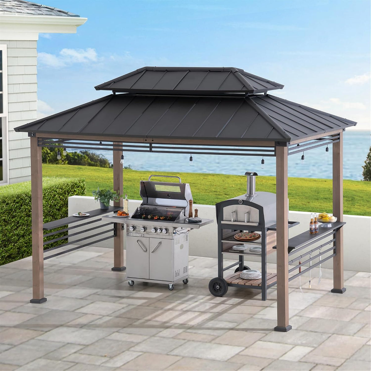 Sunjoy Wooden Grill Gazebo with AC Power Port, 8 x 12 ft. Steel Hardtop Outdoor Cedar Framed Gazebo for Year-Round Grilling, with Built-in Electrical Outlets and Decorative Fence, Brown