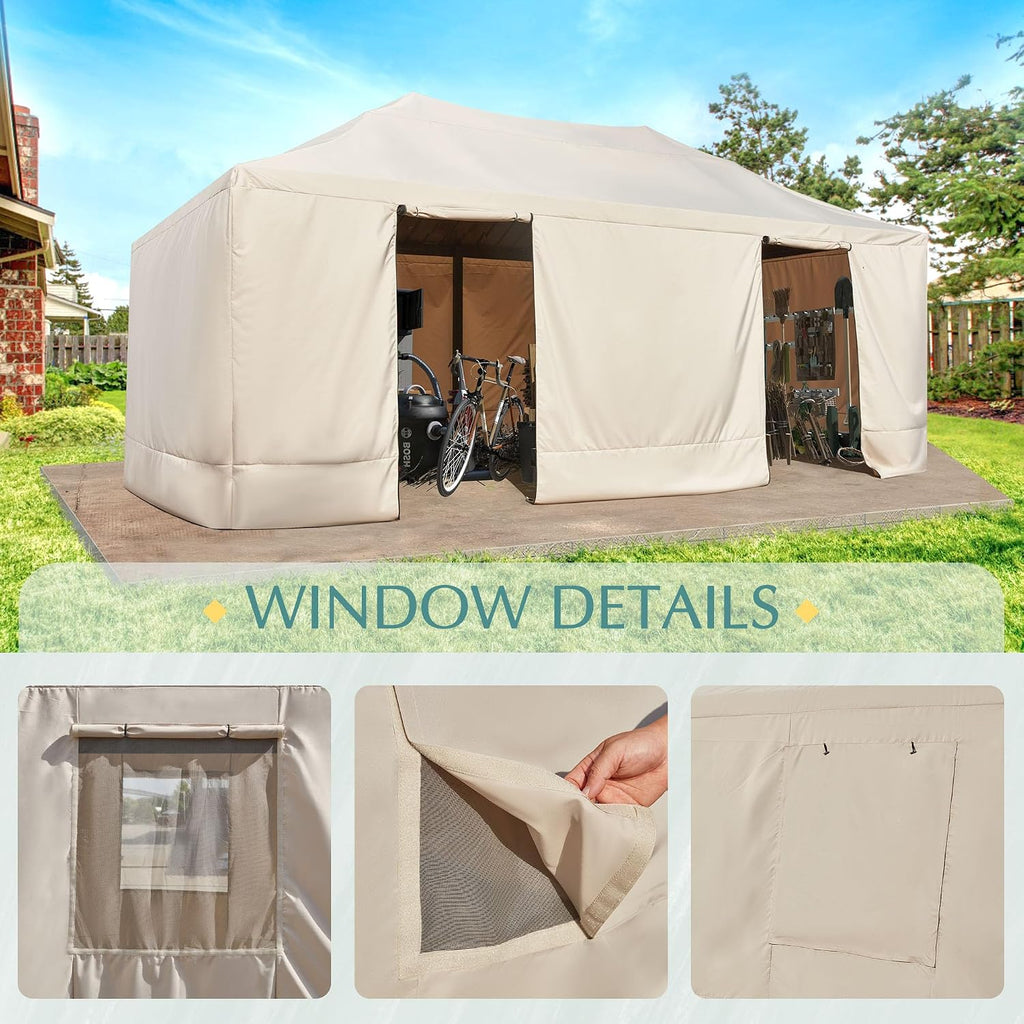 EROMMY Gazebo Cover for 12x20 Gazebos, Outdoor Winter Cover with Sidewalls and Mesh Windows, Convert into Storage Space, Beige