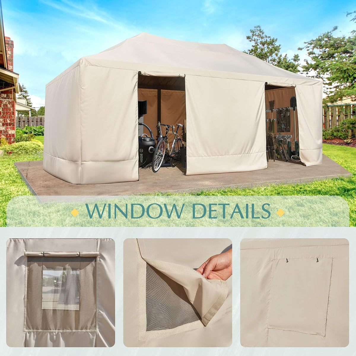 EROMMY Gazebo Cover for 12x20 Gazebos, Outdoor Winter Cover with Sidewalls and Mesh Windows, Convert into Storage Space, Beige