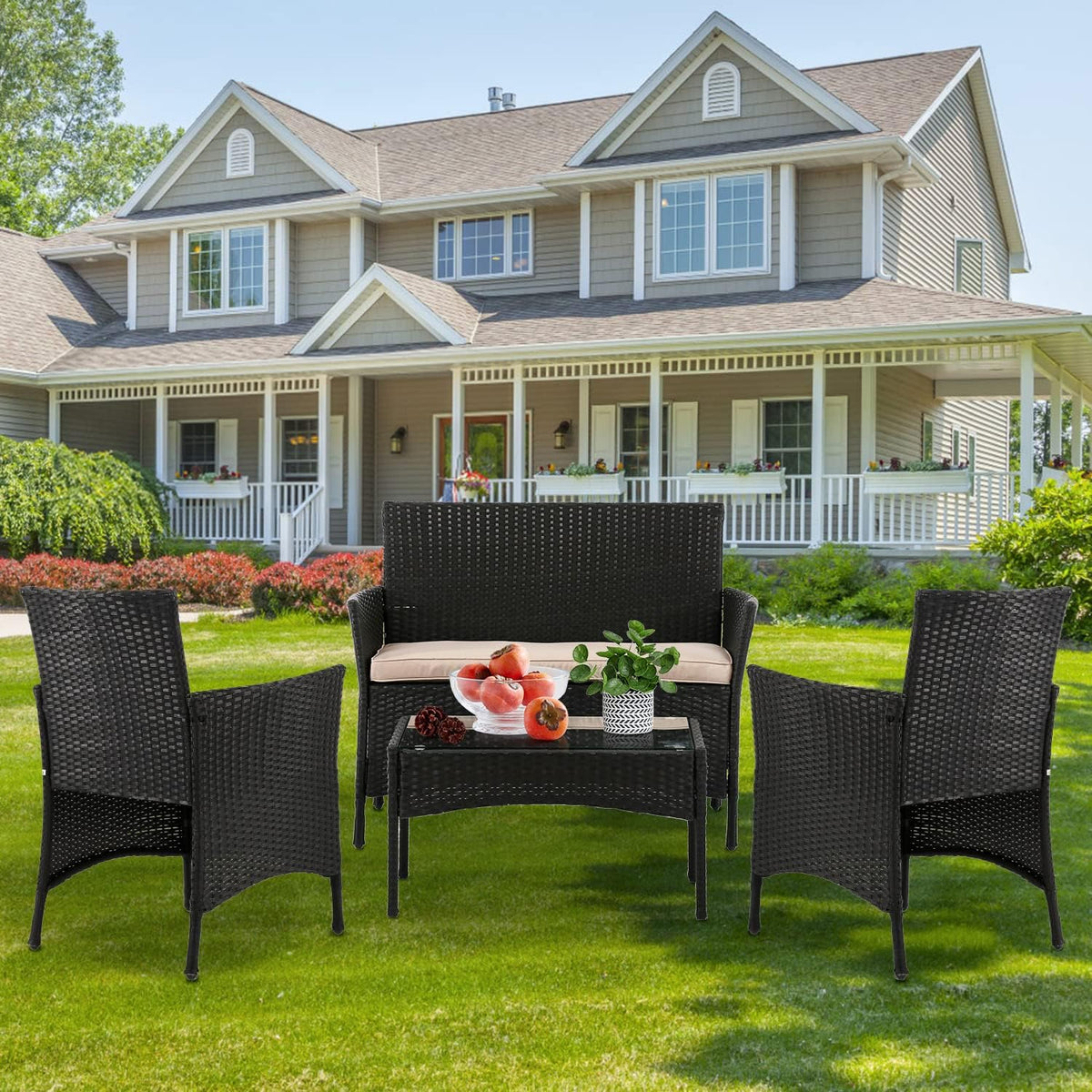 Patio Furniture Set Conversation Chairs, 4 Pieces Wicker Patio Set Outdoor Patio Seating Rattan Patio Sofa with Table for Balcony Backyard Front Porch Decor, Conversation Set with Cushion Seat, Black
