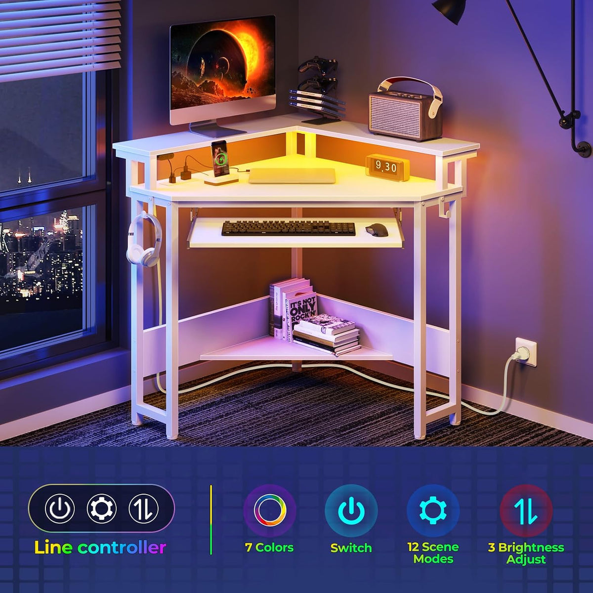 Rolanstar Corner Desk, 44.5' W x 34.5' H Small Computer Desk with Power Outlets, Gaming Desks with LED Lights, Triangle Corner Table with Keyboard Tray & Monitor Stand for Small Space, White