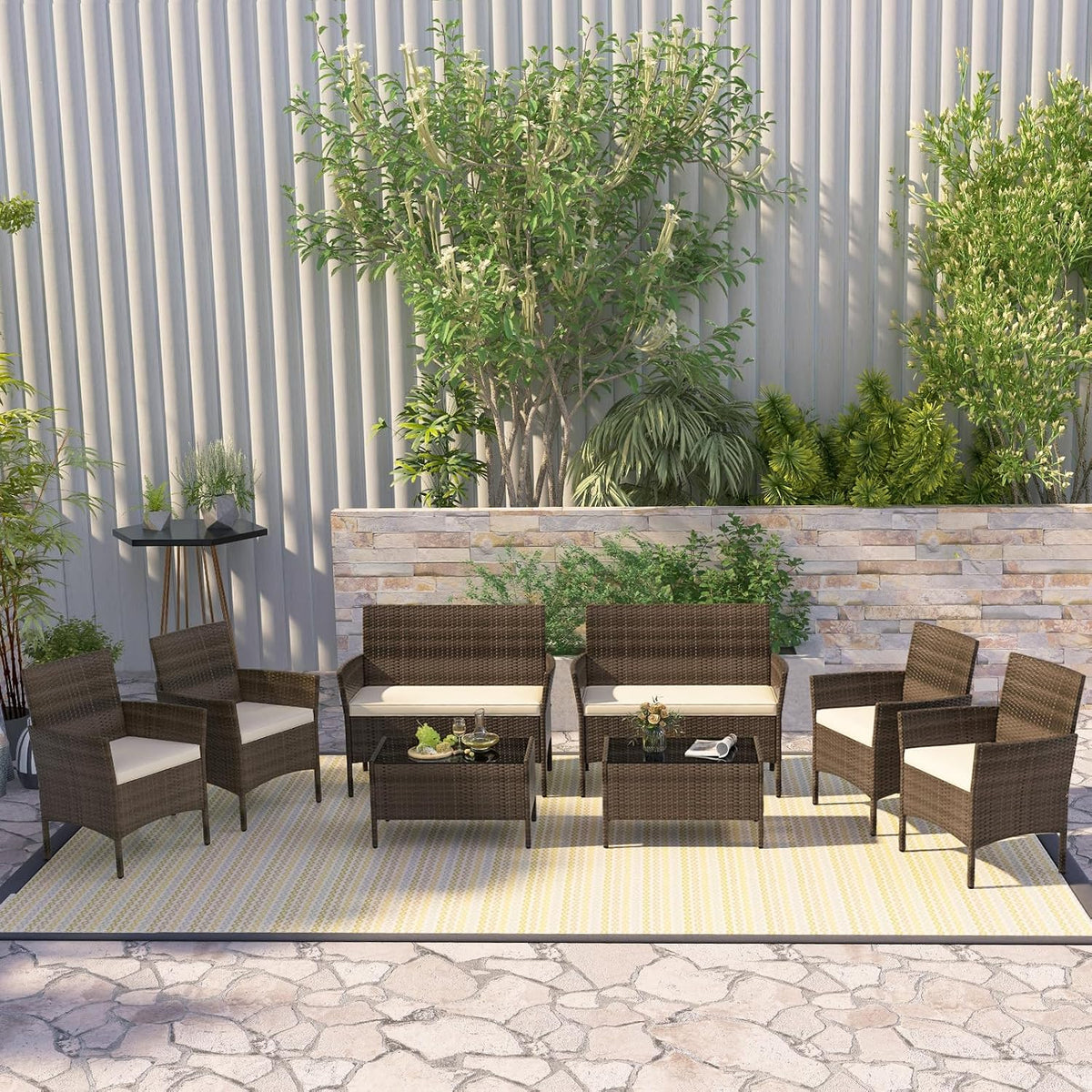 RELAX4LIFE 8-Piece Patio Furniture Set - Rattan Outdoor Conversation Bistro Set w/Cushions, Glass Coffee Table, Wicker Chairs & Loveseat for Garden Backyard Porch, Balcony Furniture Set (2, Beige)