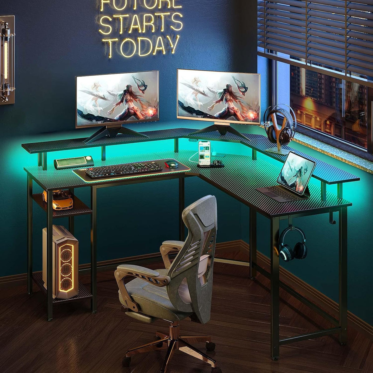 Rolanstar L Shaped Gaming Desk with LED Lights & Power Outlets, 53' Computer Desk with Full Monitor Stand & Storage Shelf, Corner Desk with Hooks, Carbon Fiber Desk Reversible