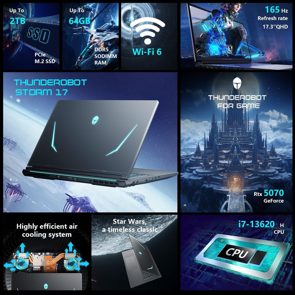 Thunderobot Storm 17 5070 Gaming Laptop, 17.3' QHD 165Hz 2K Display, Core i7-13620H, GeForce RTX 5070, 64GB DDR5 RAM, 1TB SSD, RGB Backlit Keyboard, HDMI, Wi-Fi 6, Win11 Home