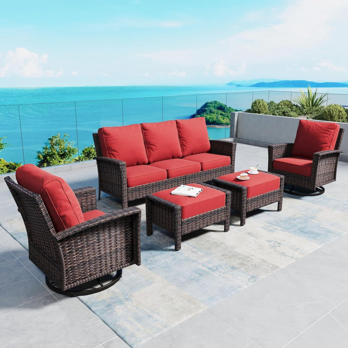 SUNSHINE VALLEY Patio Furniture Set with Swivel Chairs, High Back Wicker Rattan Furniture with 5.5' Thick Cushion and 2 Ottoman, Outdoor Conversation Set for Backyard Deck, Red