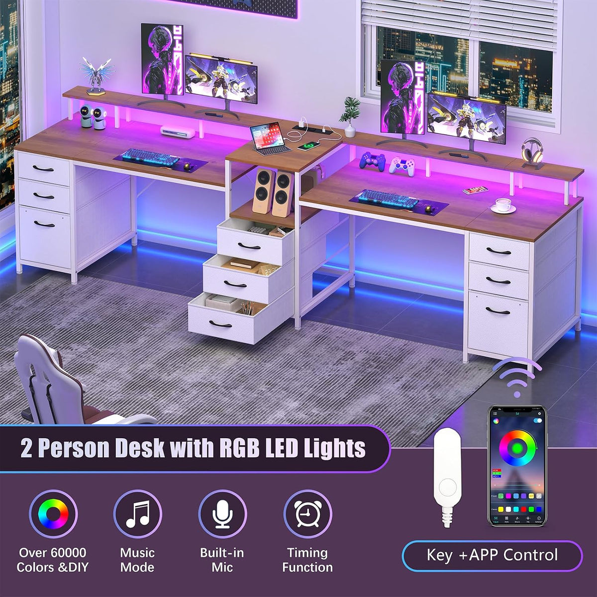 YOMILUVE 98.4' Long Computer Desk with 9 Drawers, 2 Person Gaming Desk with LED Lights & Power Outlet, Two Person Home Office Desk with Storage, Printer Shelf ＆ Monitor Stand, Brown and White