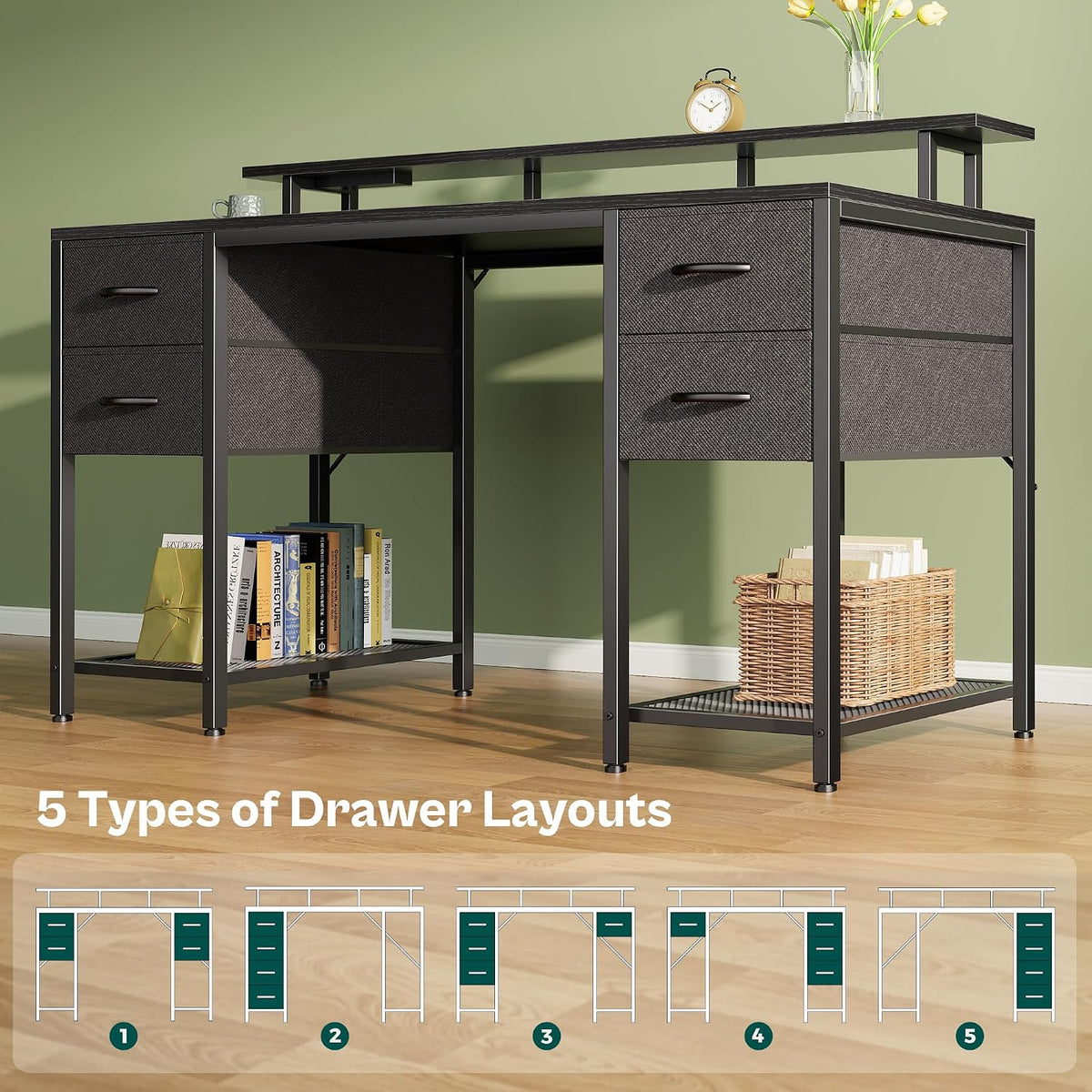 Huuger 55 inch Computer Desk with 4 Drawers, Gaming Desk with LED Lights & Power Outlets, Home Office Desk with Large Storage Space for Bedroom, Work from Home, Black
