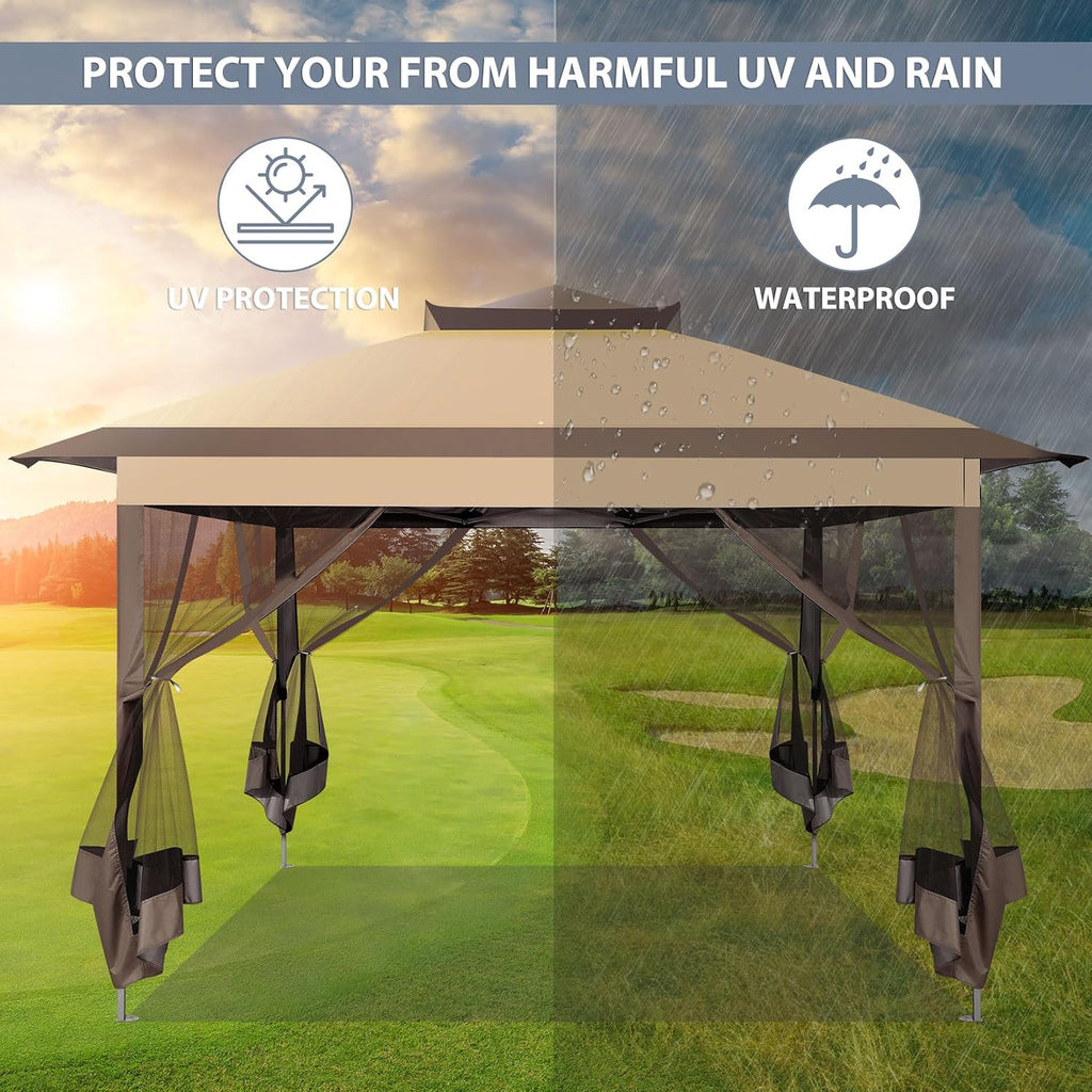 COBIZI Pop Up Gazebo 11x11 One-Push Canopy Tent, Carpas para Patio, Outdoor Canopy Shelter with Double Roof Ventiation 121 Square Feet of Shade for Lawn, Garden, Backyard and Deck,Brown(Upgraded 2.0)