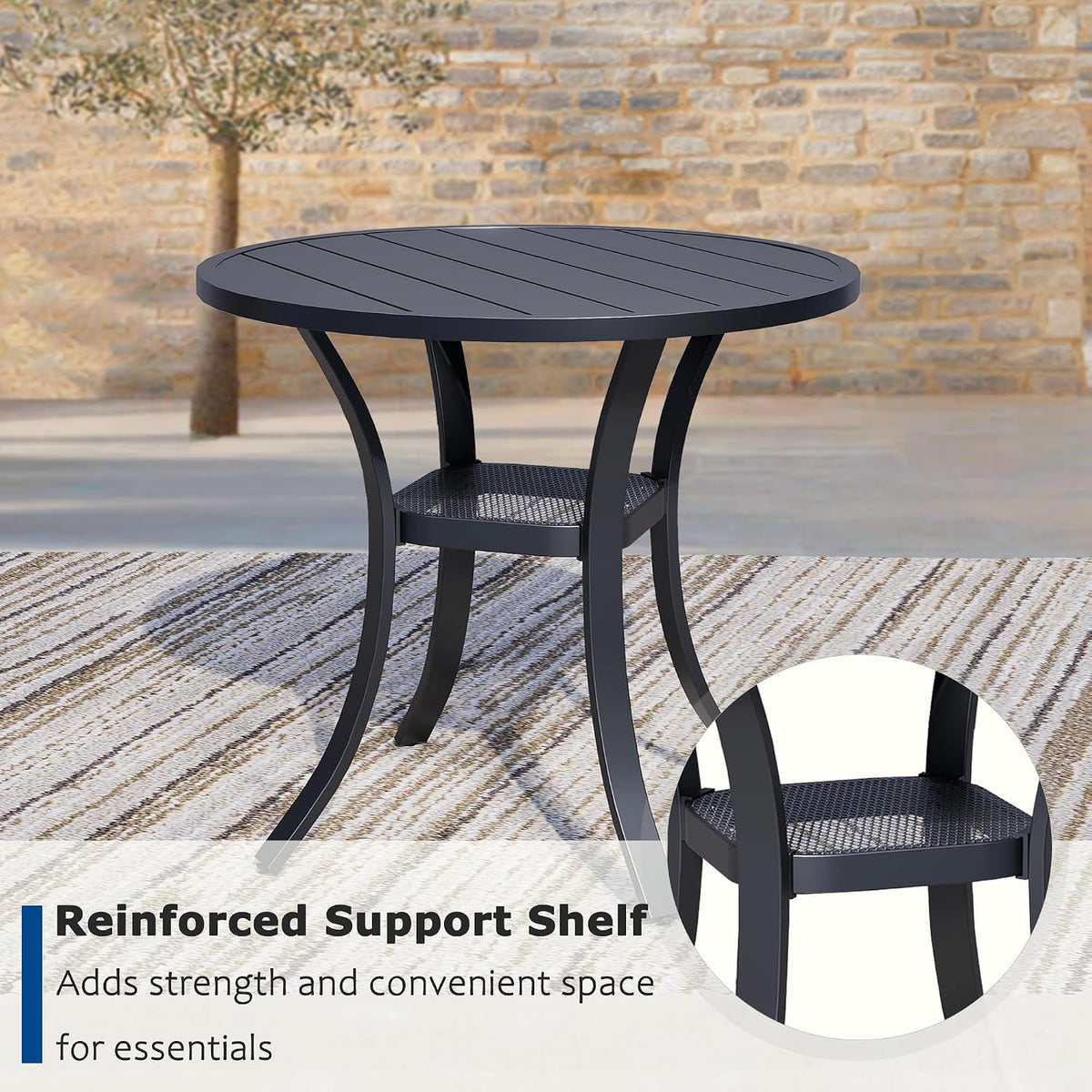 3 Piece Outdoor Dining Set, Patio Table and Chairs Set of 2, 27.6' Black Round Patio Table with 2 Blue Stackable Patio Chairs for Lawn, Garden, Porch