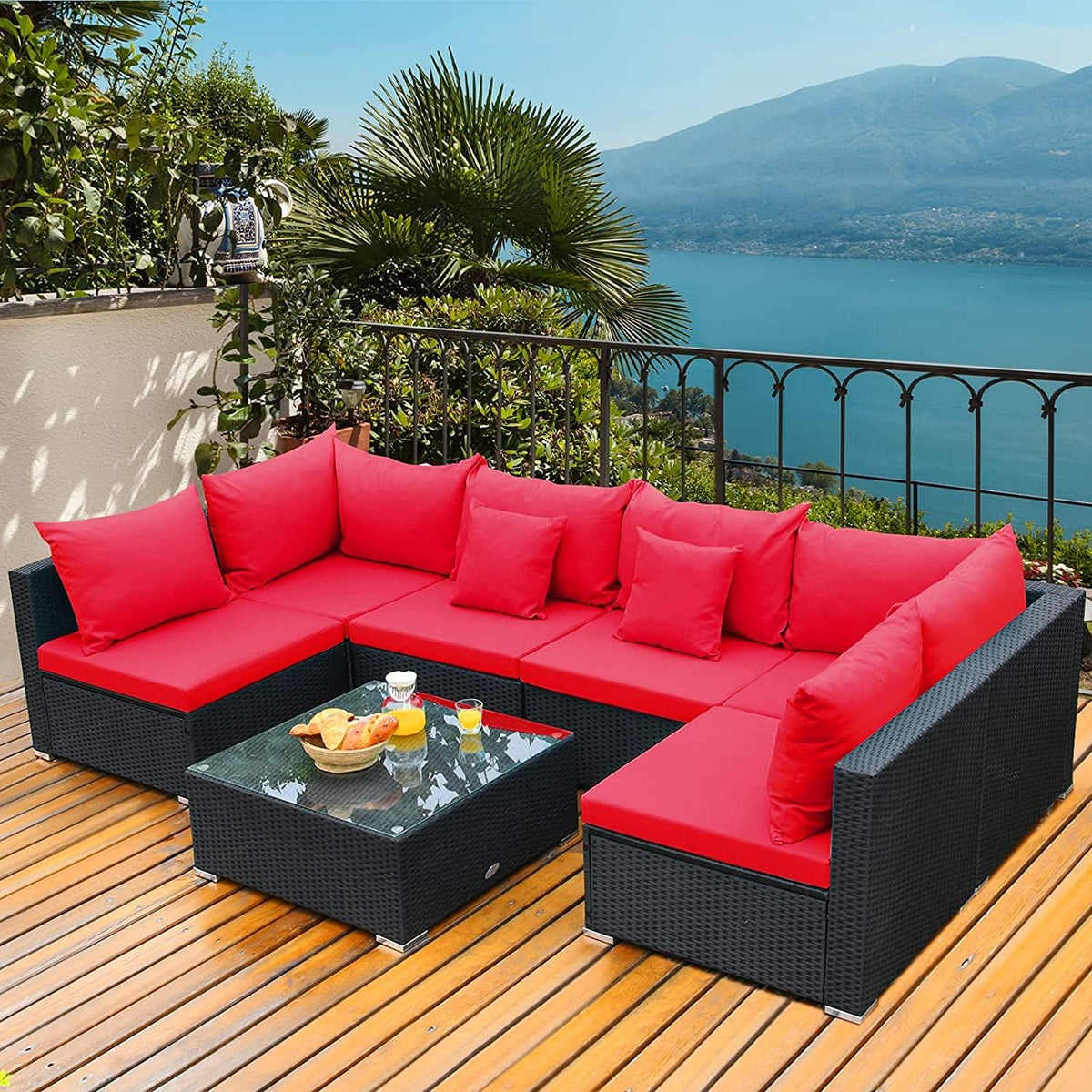 HAPPYGRILL 7pcs Patio Furniture Set Outdoor Rattan Wicker Sectional Sofa Set with Cushions & Pillows & Coffee Table for Garden Lawn