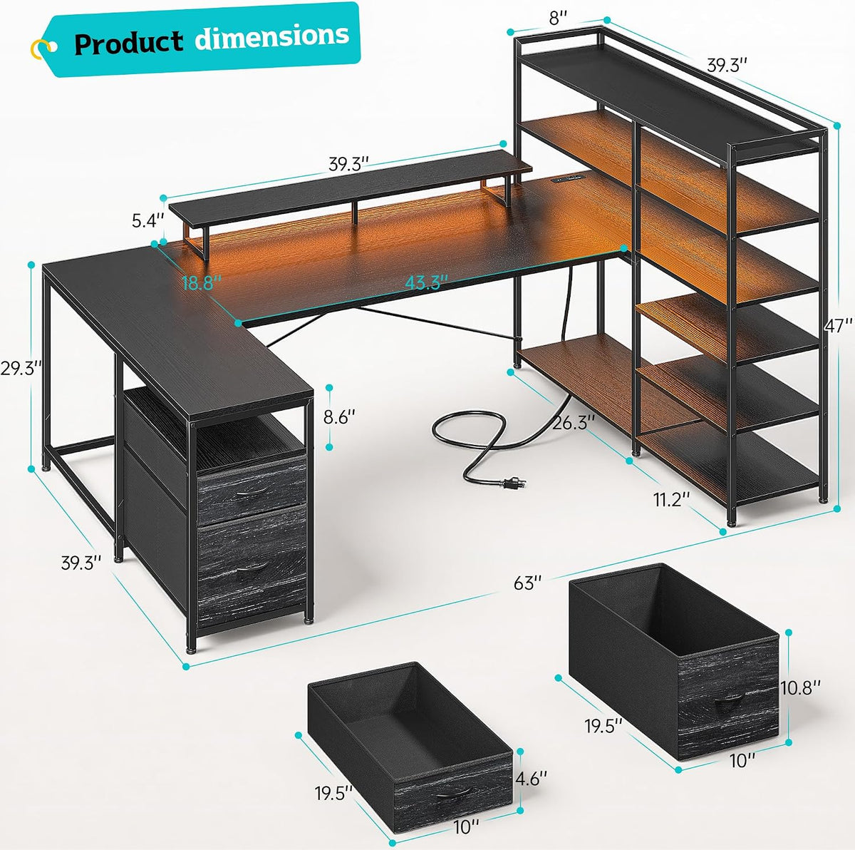 DurayLoly Gaming Desk with 6 Storage Shelves & 2 Fabric Drawers,63'' Computer Desk L Shaped Desk with Power Outlet & LED Strip,Reversible U Shaped Office Desk with Monitor Stand, Black
