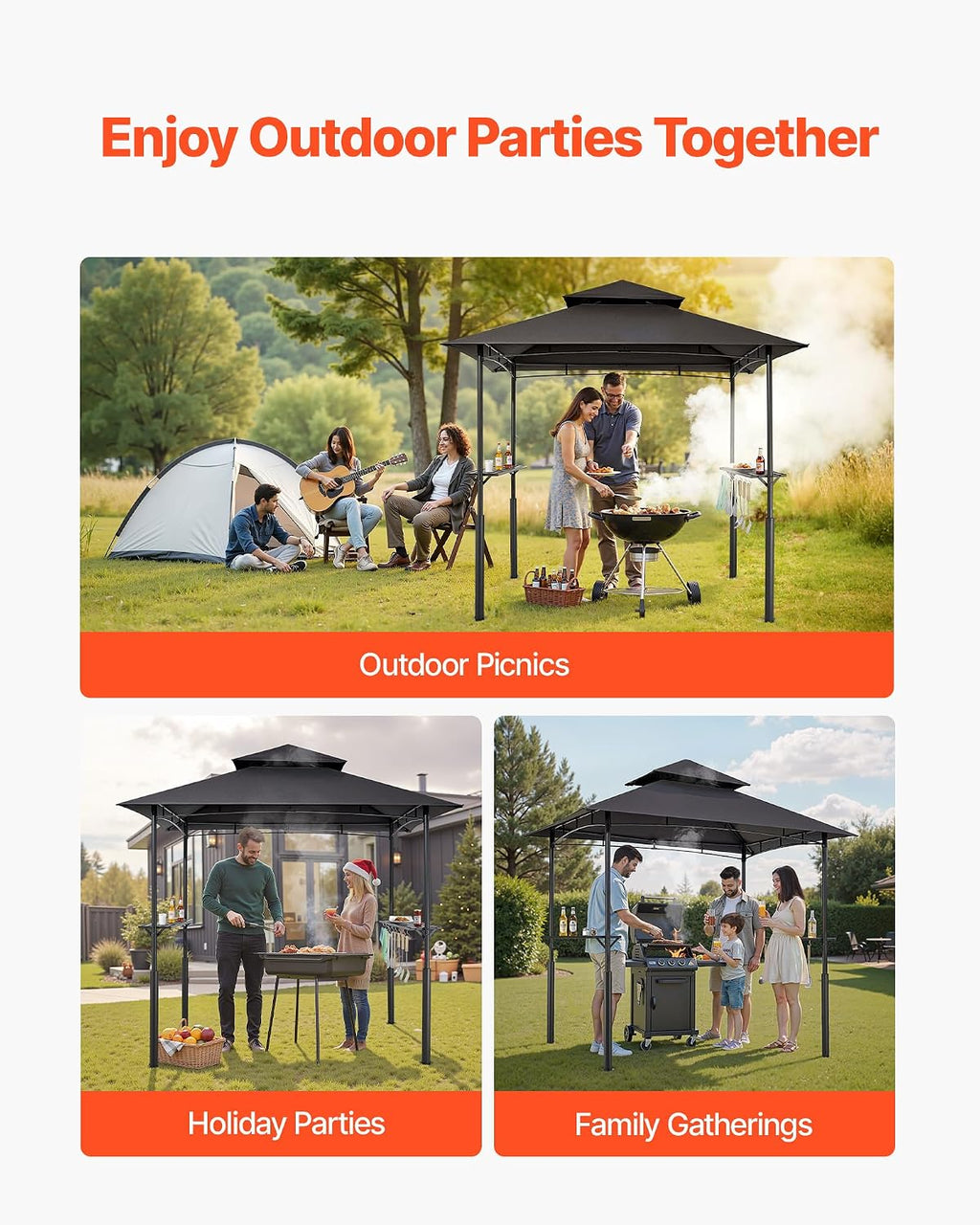 VEVOR Grill Gazebo, 8 x 5 ft Reinforced Outdoor BBQ Gazebo with Double-Tiered Roof, Powder-Coated Steel Patio Grill Shelter with 2 Side Shelves & 8 Hooks, Grilling Canopy for Patio Backyard Garden