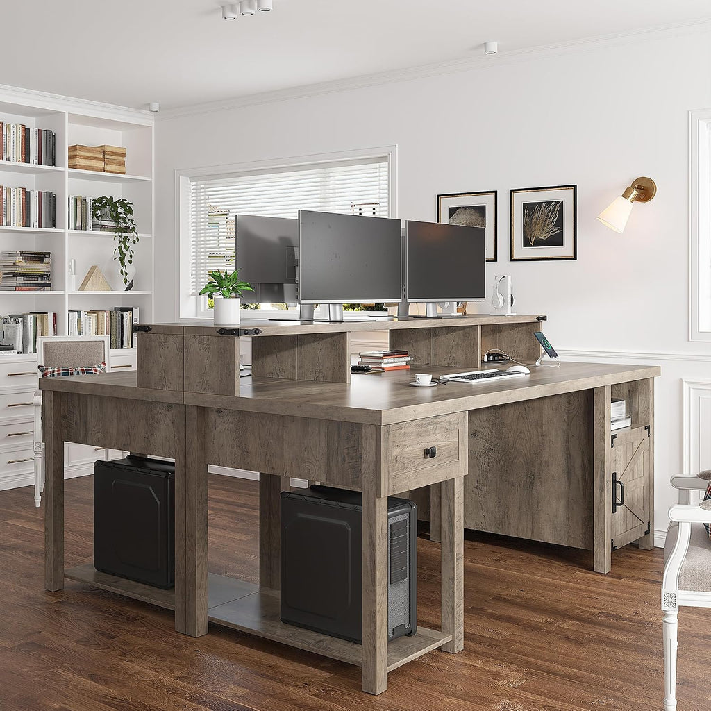 EnHomee Computer Desk with Drawers,23' D Home Office Desk with Storage,Wooden Desk with Monitor Stand,Farmhouse Desk with Printer Space and Power Outlets for Studio,Work, Study,Writing&Gaming