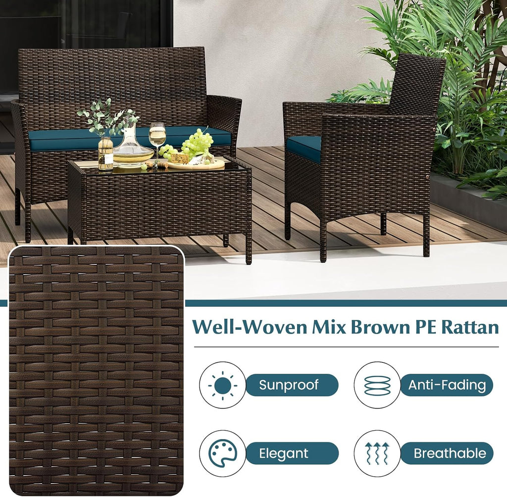 ORALNER 4 Pieces Patio Furniture Set, Rattan Chairs Loveseat with Soft Cushion and Glass Table, Outdoor Wicker Conversation Set for Balcony Garden Backyard Porch Poolside (Peacock Blue)