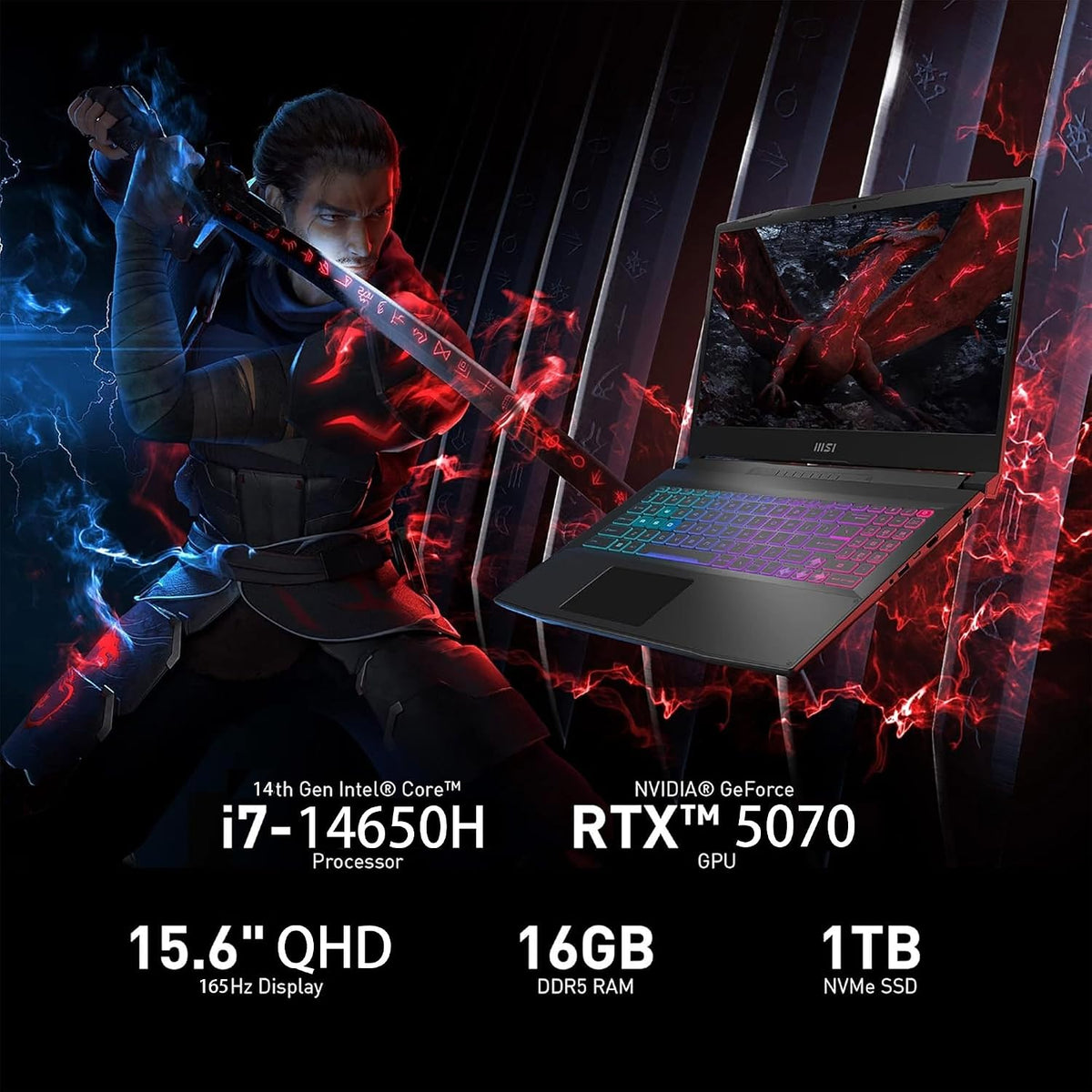 msi Katana HX Gaming Laptop, 15.6' 165Hz QHD IPS Display, 16-core i7-14650HX (>i9-12900H, UP to 5.2 GHz, GeForce RTX 5070, Copilot+ PC, RGB Backlit Keyboard, Win11, Black(16GB DDR5 RAM | 1TB SSD)