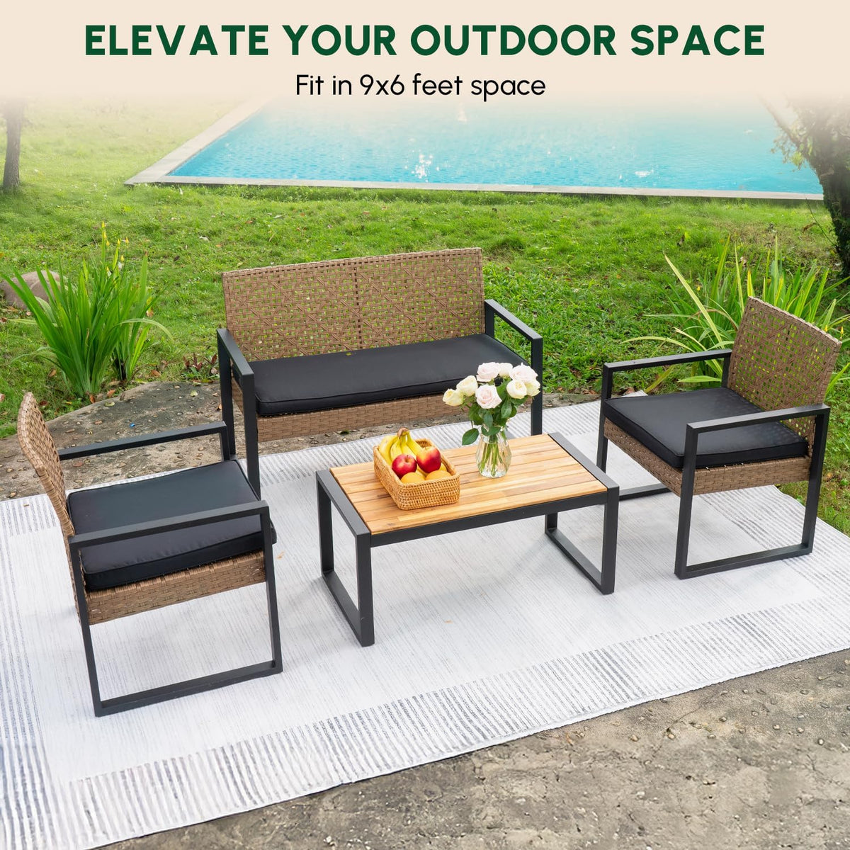 BEEFURNI Wicker Patio Furniture Outdoor Conversation Set of 4, Rattan Outdoor Furniture Set, Acacia Wood Table, 2 Chairs, 1 Loveseat, 2' Cushions, All Weather Set for Patio, Porch, Balcony (Brown)