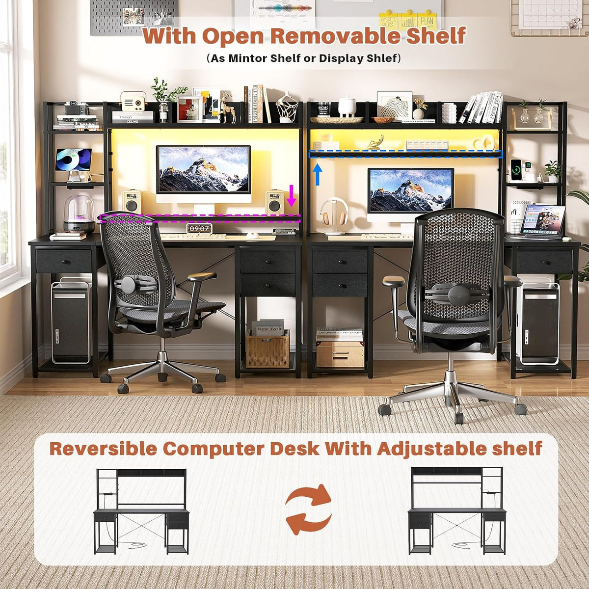 Aheaplus LED Gaming Desk with Hutch, 47.2'' Computer Workstation, Black
