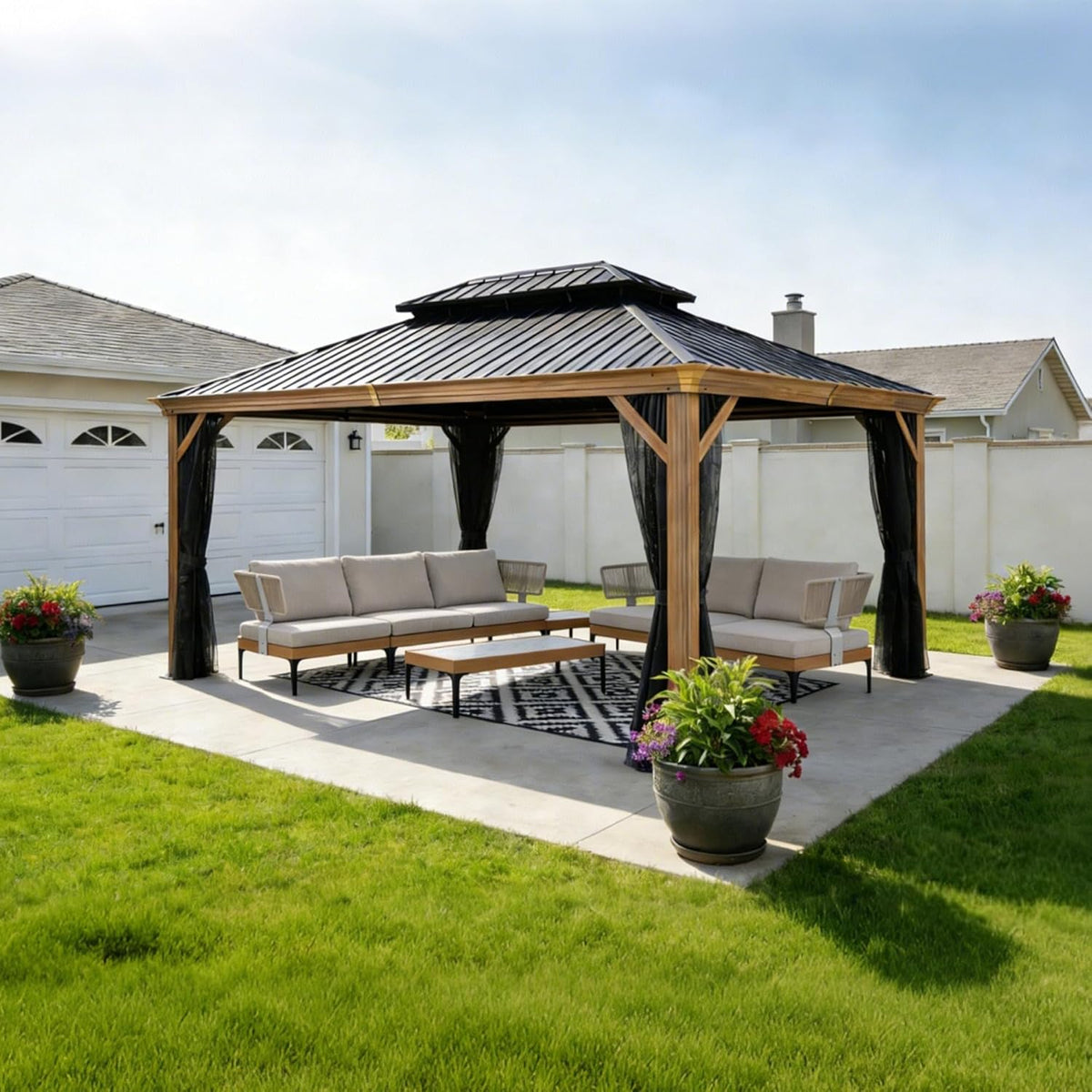 PURPLE LEAF 10' X 16' Outdoor Hardtop Gazebo for Patio Galvanized Steel Double Roof Permanent Canopy Teak Finish Coated Aluminum Frame Pavilion Gazebo with Netting
