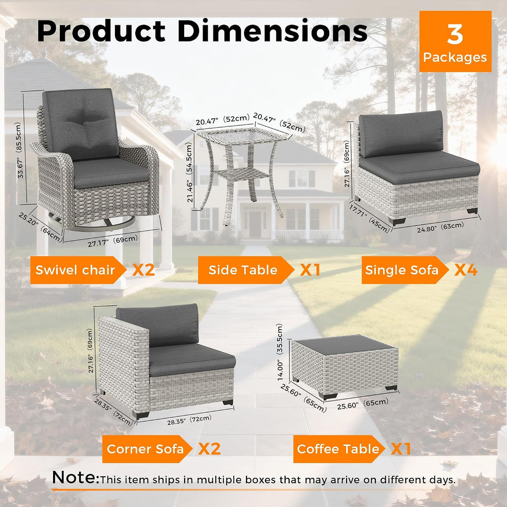 8-Seat Modern Patio Furniture Set with Swivel Rocking Chairs, Thick 4″ Cushions, Dual-Strand Wicker Rattan, Rust-Resistant Steel Frame – Outdoor Conversation & Modular Sectional,Black