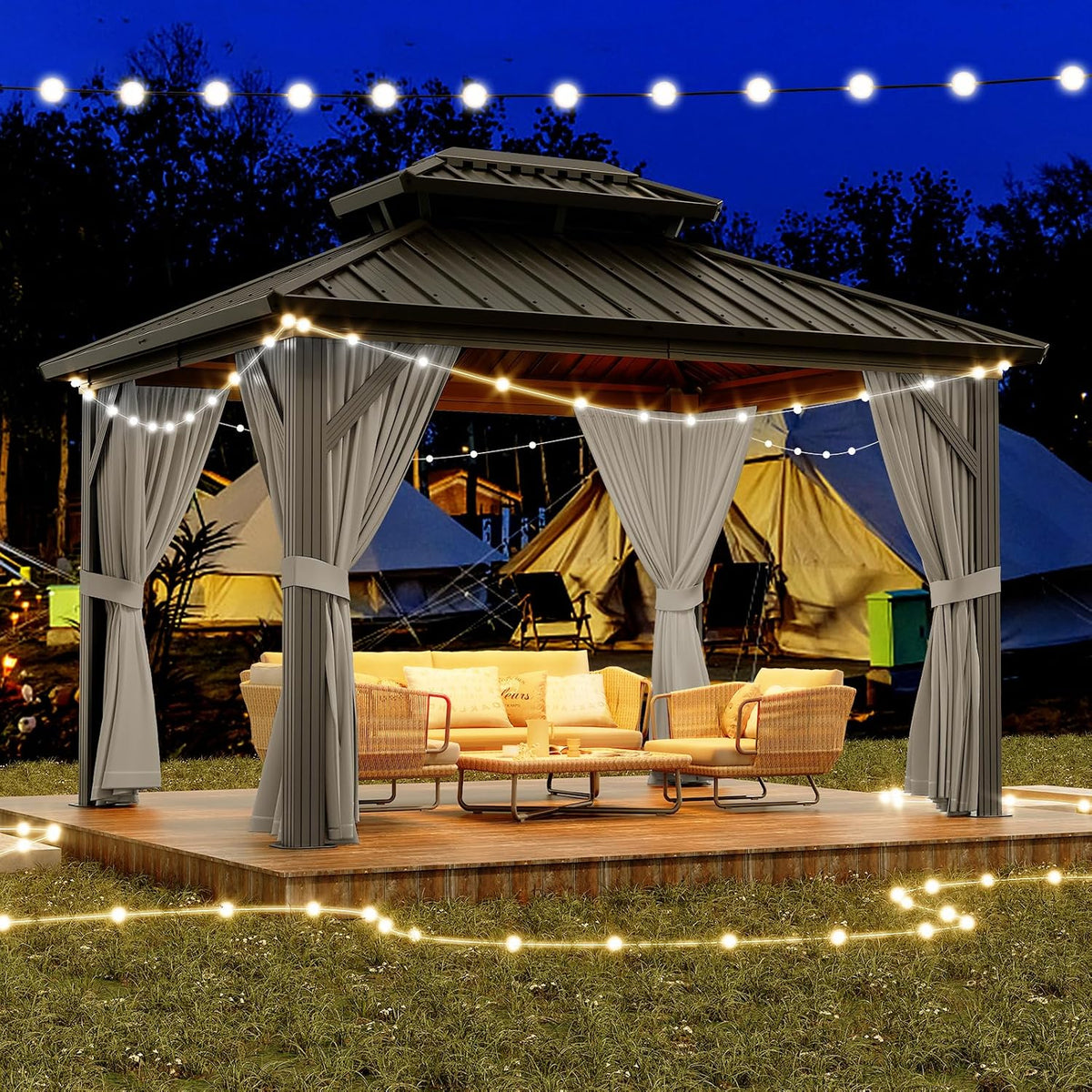 GarveeLife 10x12 ft Double Roof Hardtop Gazebo, Heavy Duty Galvanised Steel Hardtop Pavilion with Nettings and Curtains, Aluminum Gazebo for Patio, Terrace, Lawn and Deck, Grey