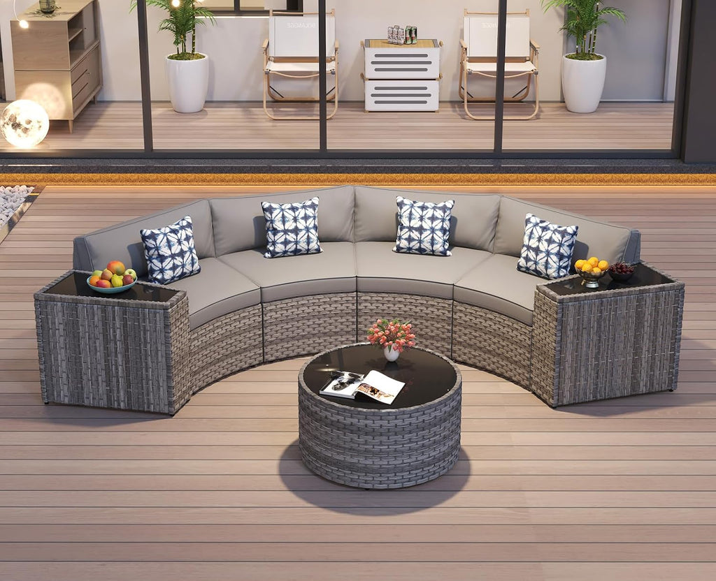 Restland Half Moon Patio Furniture Set with Tables,7 Pieces Wicker Outdoor Sectional Curved Sofas, Round Conversation Set, Grey Rattan