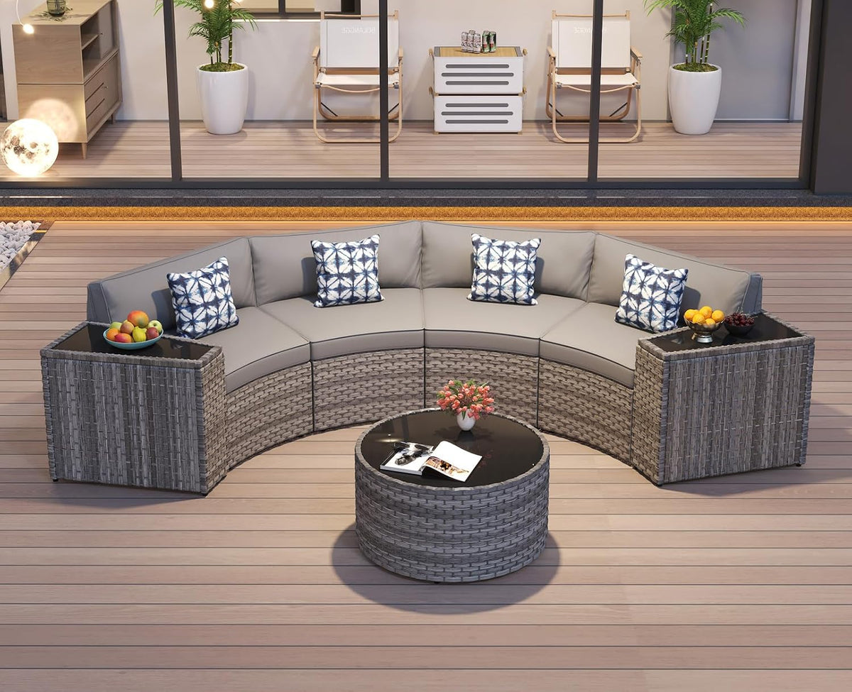 Restland Half Moon Patio Furniture Set with Tables,7 Pieces Wicker Outdoor Sectional Curved Sofas, Round Conversation Set, Grey Rattan