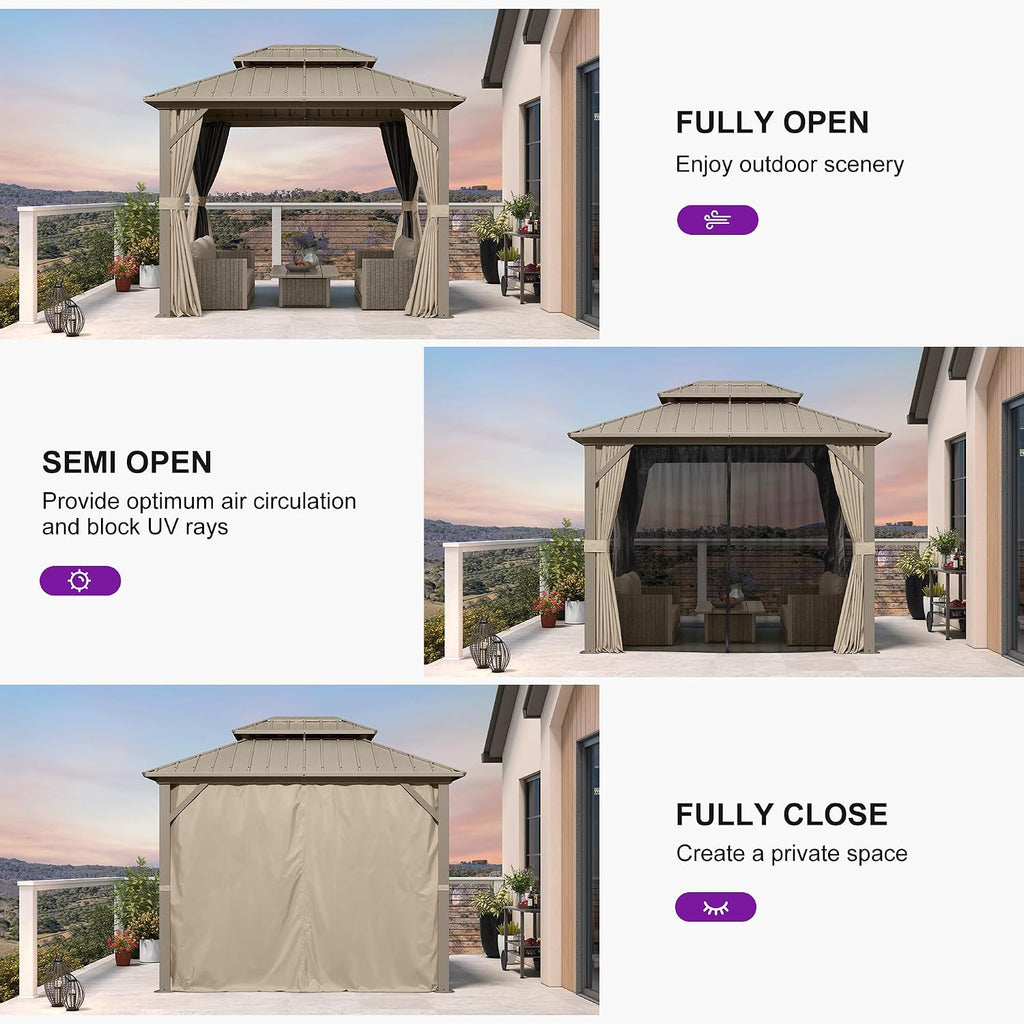 PURPLE LEAF 8' x 10' Hardtop Gazebo, Champagne Outdoor Aluminum Gazebo with Galvanized Steel Double Roof, Curtains and Netting for Patio Lawn and Garden
