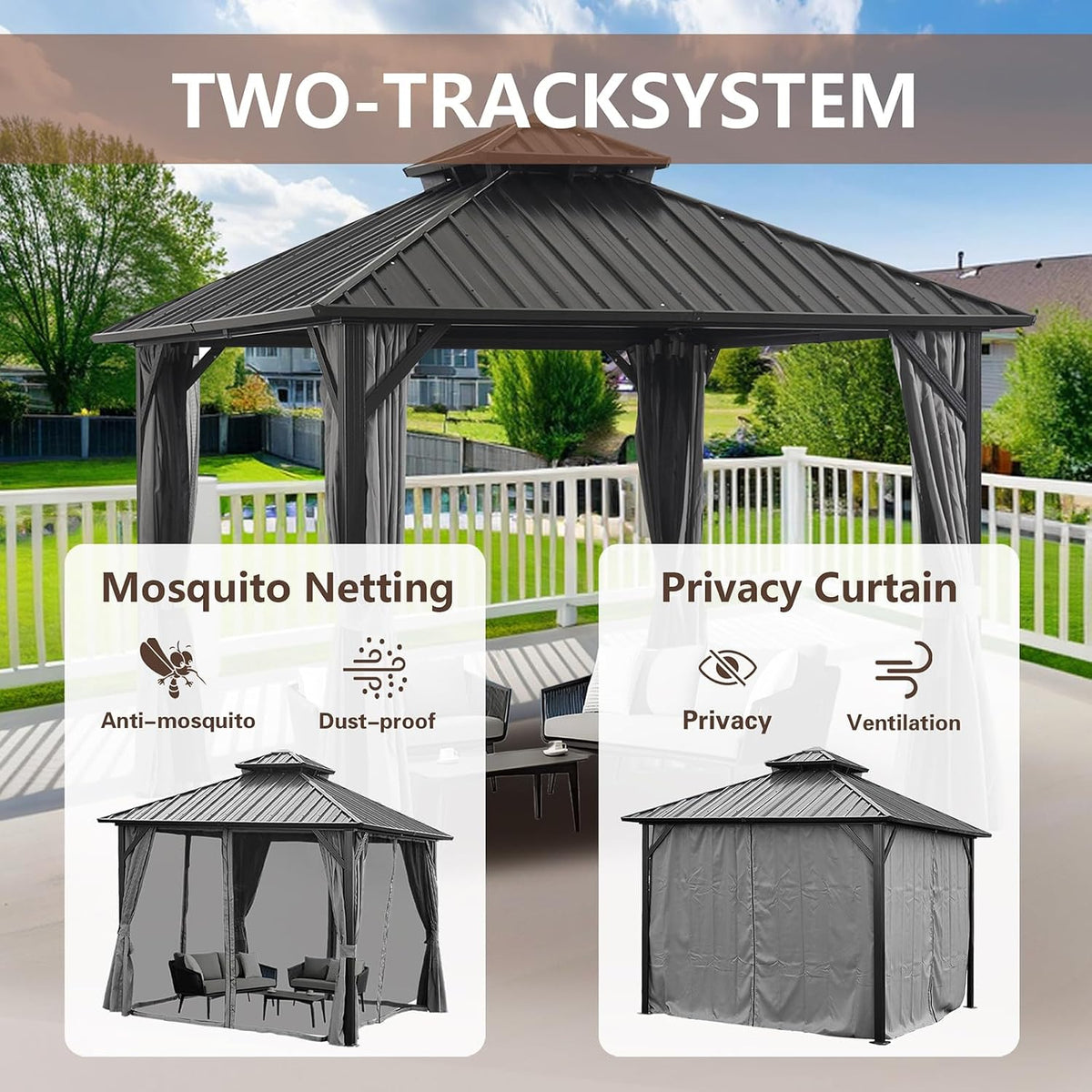 10 * 10FT Gazebo with Galvanized Steel Double Top Canopy, Aluminum Frame Outdoor Permanent Hardtop Gazebo for Patio, Garden, Backyard