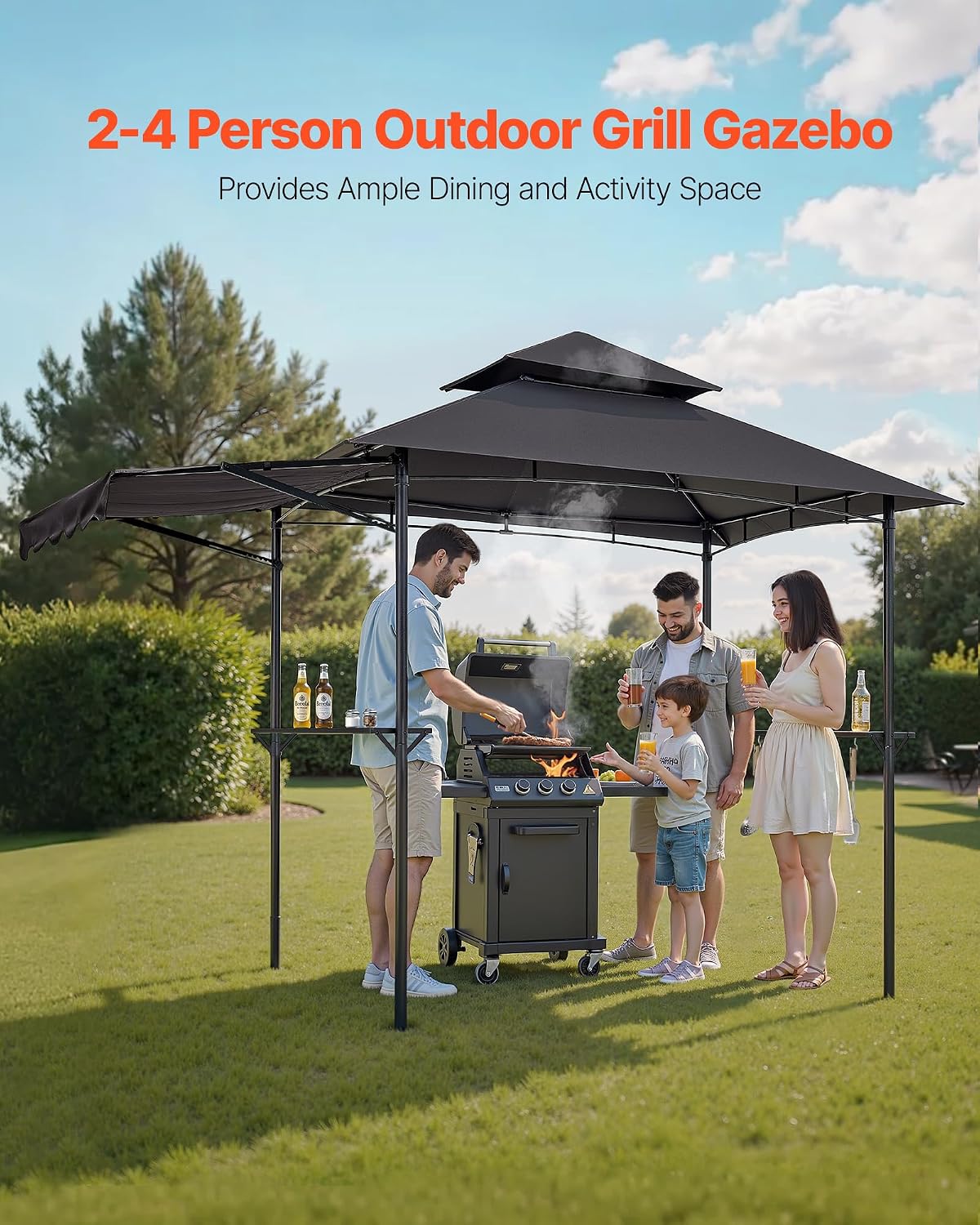 VEVOR Grill Gazebo, 8 x 5 ft Double-Tiered Top, BBQ Gazebo with Extra Awning, Powder-Coated Steel Patio Grill Shelter with 2 Side Shelves, Bottle Opener & Hooks, Outdoor Grilling Canopy for Garden