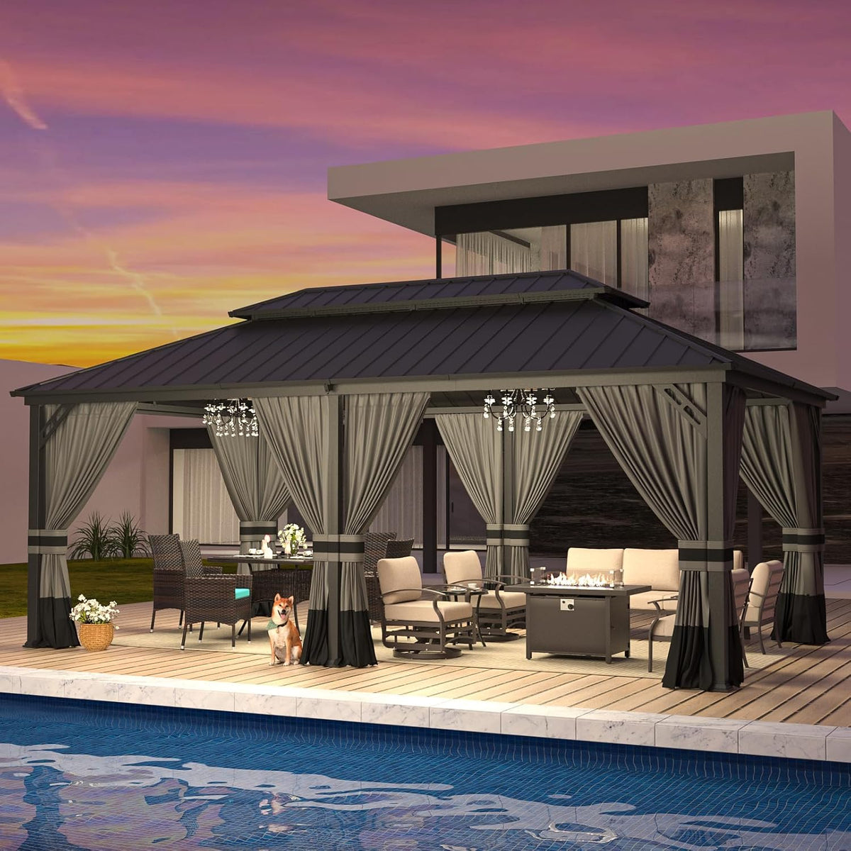 ALAULM 12'x20' Hardtop Gazebo, Outdoor Double Roof Canopy with Netting and Curtains, Galvanized Metal Frame, Sunshade for Patio, Backyard, Deck and Lawns-Gray
