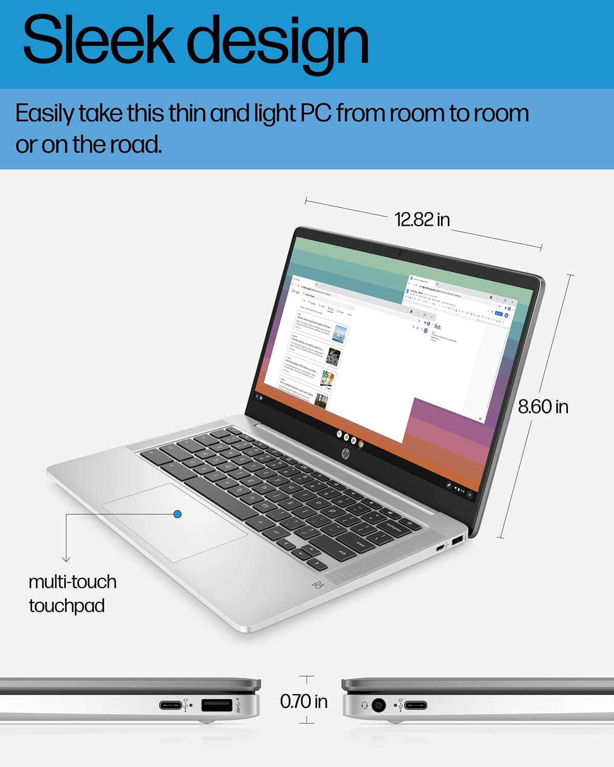 HP Chromebook 14 Laptop, Intel Celeron N4120, 4 GB RAM, 64 GB eMMC, 14' HD Display, Chrome OS, Thin Design, 4K Graphics, Long Battery Life, Ash Gray Keyboard (14a-na0226nr, 2022, Mineral Silver)