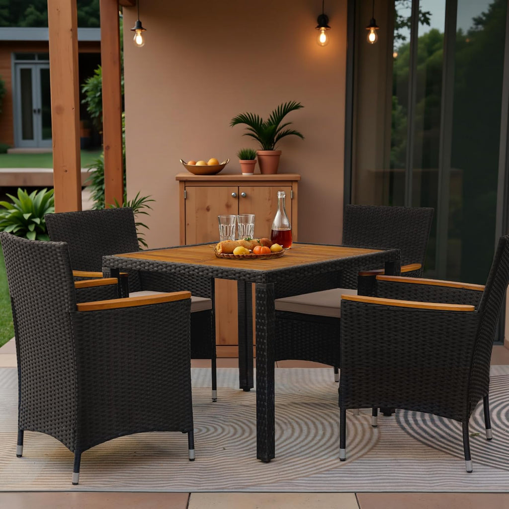 Greesum 5 Pieces Outdoor Patio Dining Set, Conversation Sets with 1 Table and 4 Rattan Chairs with Curved Acacia Wooden Armrests and Cushions, Black