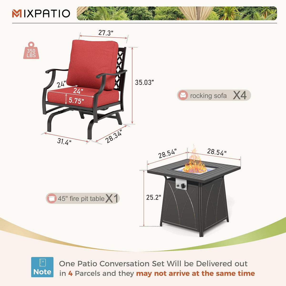 MIXPATIO Patio Furniture Set with Fire Pit Table, 5 Pcs Metal Outdoor Conversation Set, 4 Rocking Chairs with 5.75' Extra Thick Cushion and 28' Fire Pit Table for Backyard Deck, Red