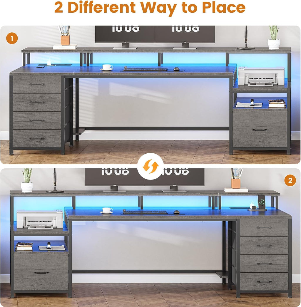 SEDETA 75'' Computer Desk with 5 Drawer, Power Outlet & Led Lights, Home Office Desk with File Drawer, Storage Shelves, Printer Cabinet and Monitor Shelf, 23.6' W Large Desktop Gaming Desk, Grey