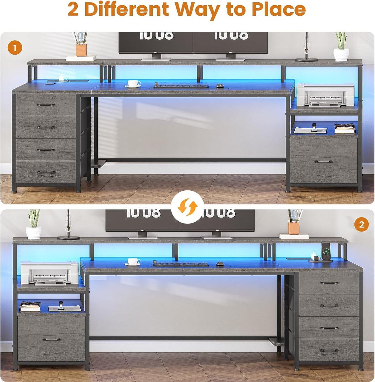 SEDETA 75'' Computer Desk with 5 Drawer, Power Outlet & Led Lights, Home Office Desk with File Drawer, Storage Shelves, Printer Cabinet and Monitor Shelf, 23.6' W Large Desktop Gaming Desk, Grey