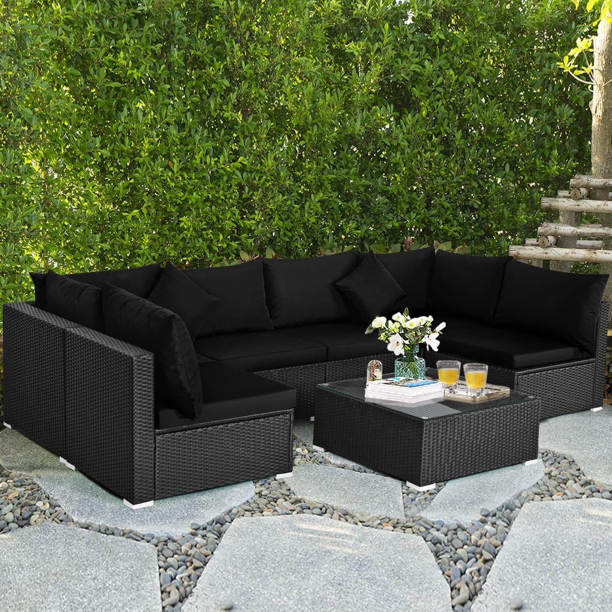 HAPPYGRILL 7 Pieces Patio Furniture Set Outdoor Rattan Wicker Sectional Sofa Set with Cushions & Pillows & Coffee Table for Garden Lawn