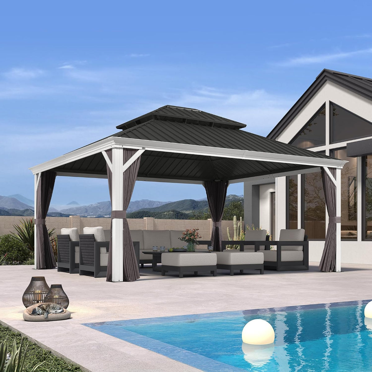 PURPLE LEAF 14' X 16' Hardtop Gazebo with Double Galvanized Steel Roof Awning and Upgrade Curtain for Patio Lawn and Garden, Grey