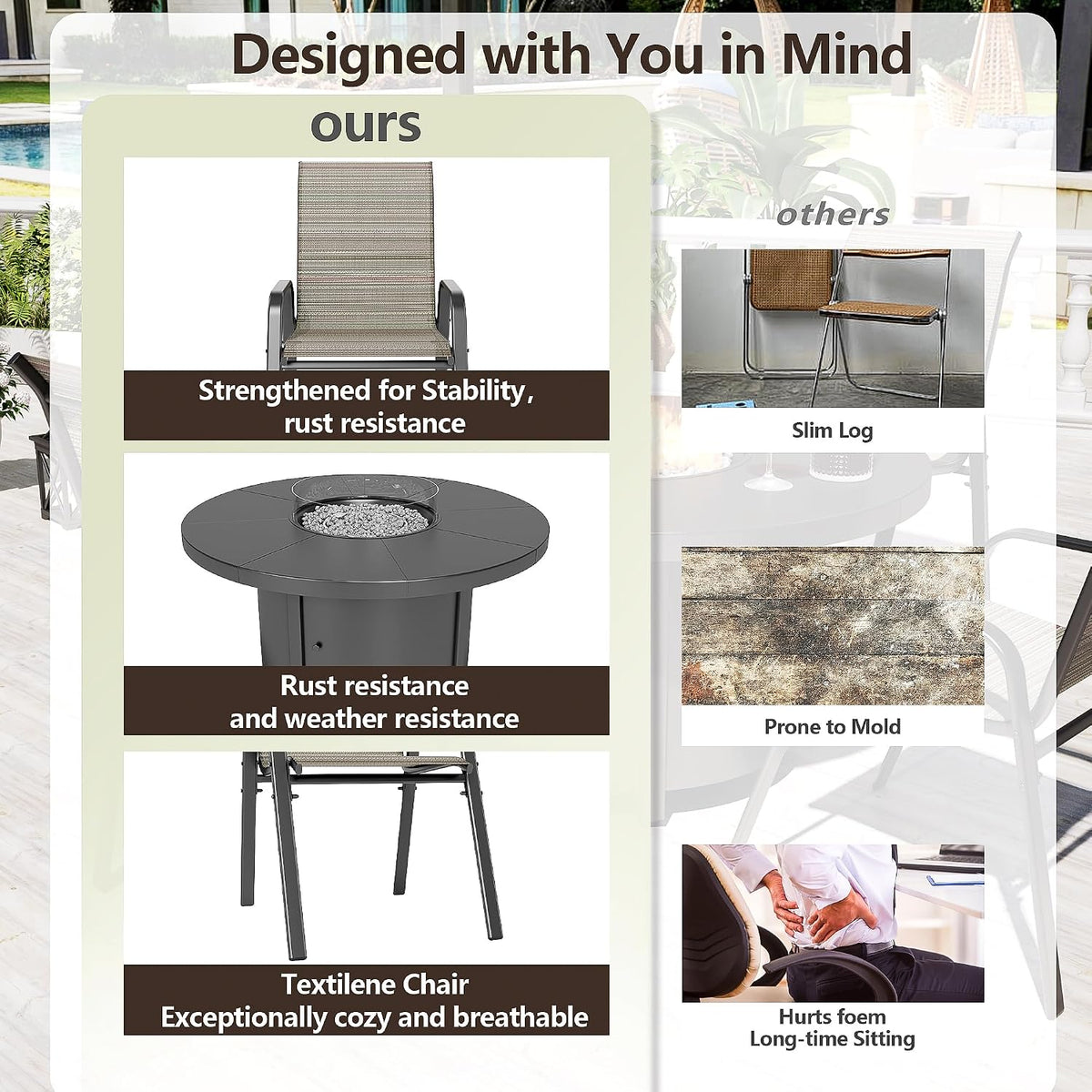 5 Pieces Patio Furniture Set with 48' CSA Approved/55000 BTU Outdoor Round Gas Fire Pit Table,Outdoor Conversation Set with 4 Stackable Patio Dining Chairs for Outdoor,Patio,Backyard