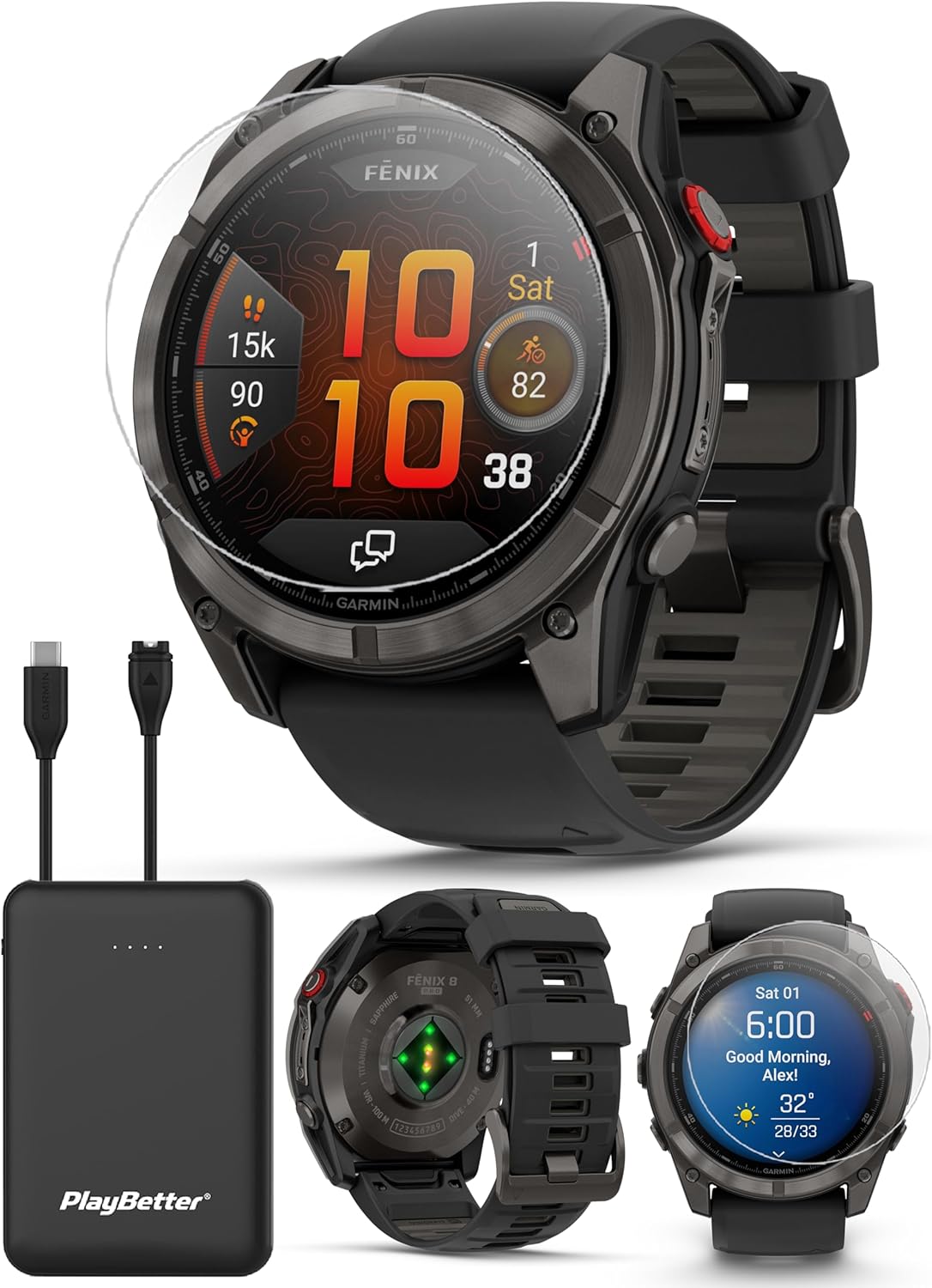 PlayBetter Garmin Fenix 8 Pro AMOLED Sapphire (51mm, Carbon Gray DLC Titanium) Multisport GPS Smartwatch Bundle - 1.4' Touchscreen, inReach Technology Portable Charger & Screen Protectors