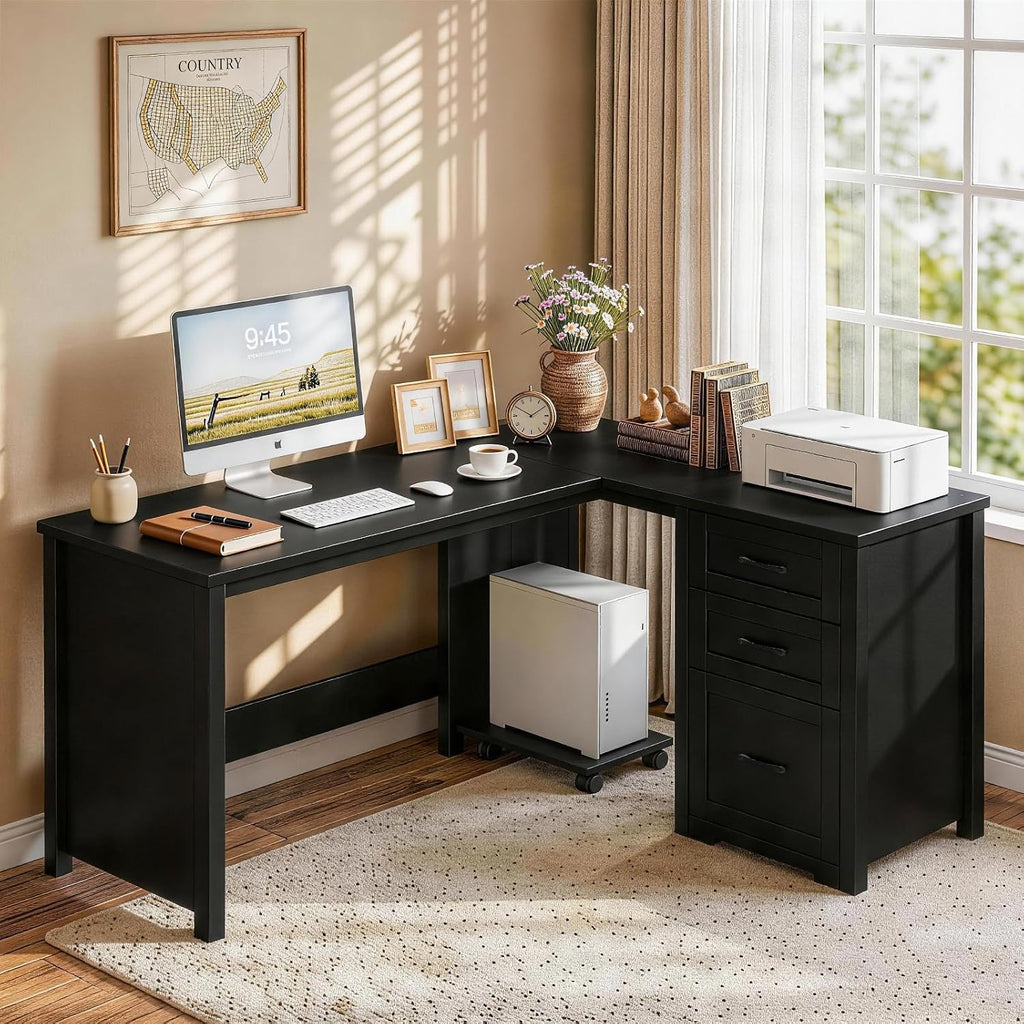 Vabches 61'Farmhouse L Shaped Executive Desk with File Drawers, Corner Computer Desk with Mobile CPU Stand, Wood Writing Computer Desk for Work, Study.Pure Black